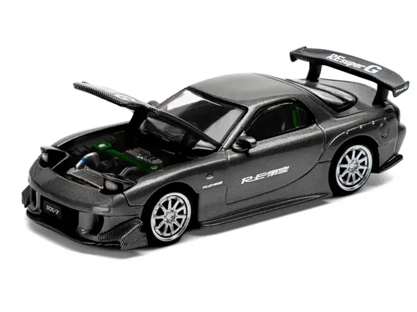 Mazda RX7 (FD) "RE Amemiya" Widebody RHD (Right Hand Drive) Gunmetal Gray Metallic with Carbon Hood 1/64 Diecast Model Car by Pop Race #2