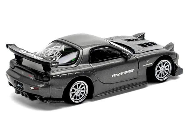 Mazda RX7 (FD) "RE Amemiya" Widebody RHD (Right Hand Drive) Gunmetal Gray Metallic with Carbon Hood 1/64 Diecast Model Car by Pop Race #5
