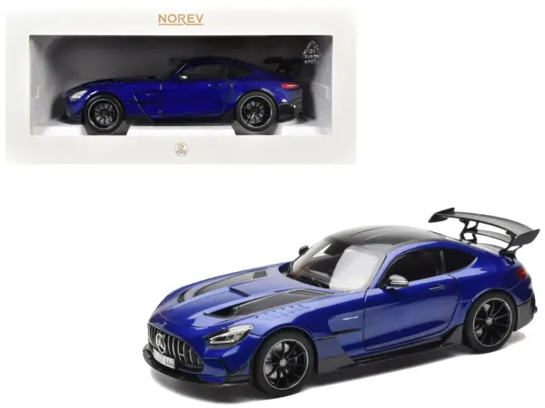 2021 Mercedes-Benz AMG GT Black Series Blue Metallic with Carbon Top and Hood Stripes 1/18 Diecast Model Car by Norev #1