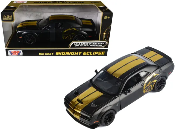 2018 Dodge Challenger SRT Hellcat Widebody Matt Black with Gold Stripes and Graphics "Midnight Eclipse" Series 1/24 Diecast Model Car by Motormax #1