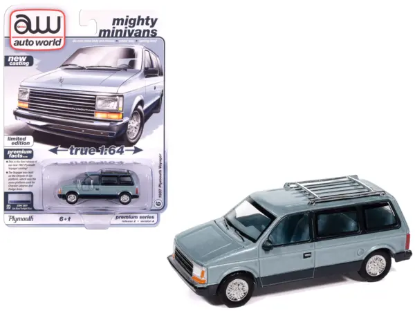 1987 Plymouth Voyager Van Ice Blue Metallic and Twilight Blue Metallic 2-Tone with Blue Interior "Mighty Minivans" Series 1/64 Diecast Model Car by Auto World #1