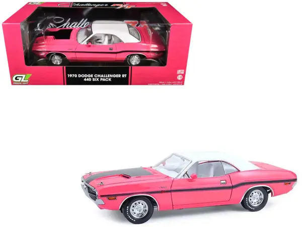 1970 Dodge Challenger R/T 440 Six Pack Panther Pink with Black Stripes White Top and White Interior 1/18 Diecast Model Car by Greenlight #1