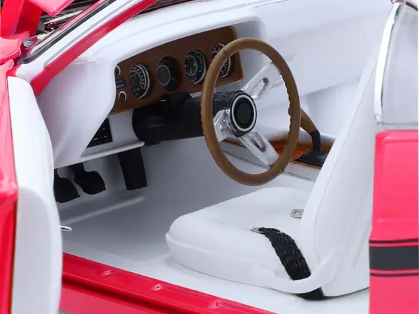 1970 Dodge Challenger R/T 440 Six Pack Panther Pink with Black Stripes White Top and White Interior 1/18 Diecast Model Car by Greenlight #4