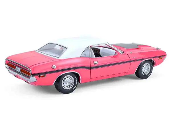 1970 Dodge Challenger R/T 440 Six Pack Panther Pink with Black Stripes White Top and White Interior 1/18 Diecast Model Car by Greenlight #5