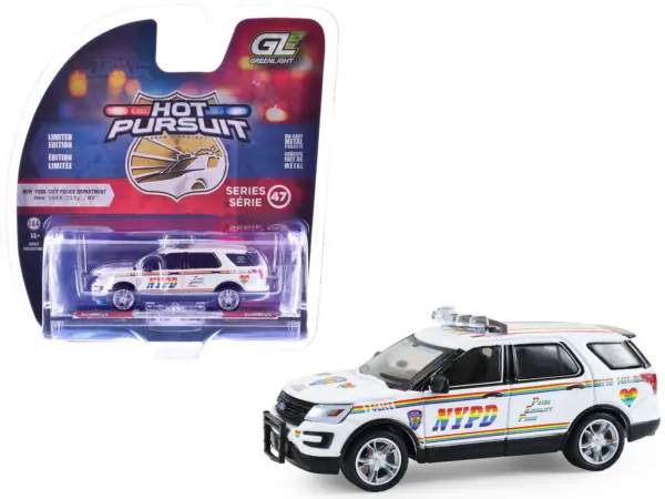 2016 Ford Police Interceptor Utility "New York Police Department (NYPD) Pride Livery" White with Rainbow Stripes "Hot Pursuit" Series 47 1/64 Diecast Model Car by Greenlight #1