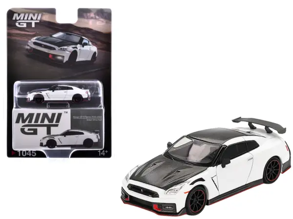 2024 Nissan GT-R Nismo (R35) Brilliant White Pearl with Carbon Hood and Top Limited Edition 1/64 Diecast Model Car by Mini GT #1