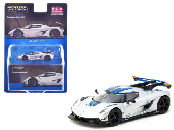Koenigsegg Jesko Attack Silver Metallic with Blue Stripes "Global64" Series 1/64 Diecast Model by Tarmac Works #1