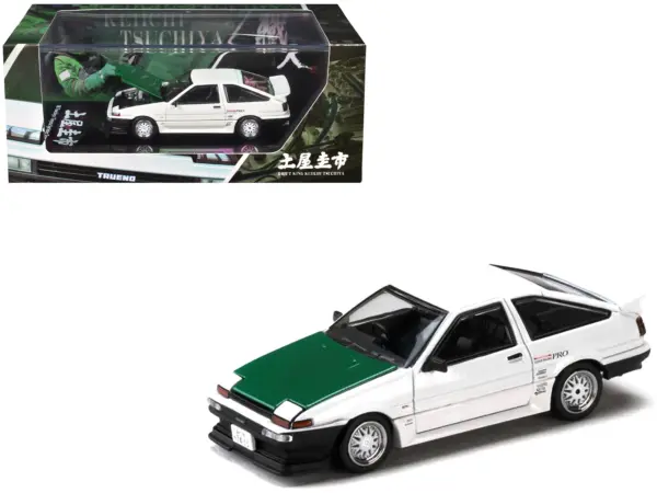 Toyota Sprinter Trueno (AE86) RHD (Right Hand Drive) "Keiichi Tsuchiya - Dori Dori Mesh Wheels" White with Green Carbon Hood 1/64 Diecast Model Car by Hobby Japan #1