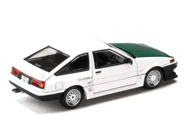 Toyota Sprinter Trueno (AE86) RHD (Right Hand Drive) "Keiichi Tsuchiya - Dori Dori Mesh Wheels" White with Green Carbon Hood 1/64 Diecast Model Car by Hobby Japan #5
