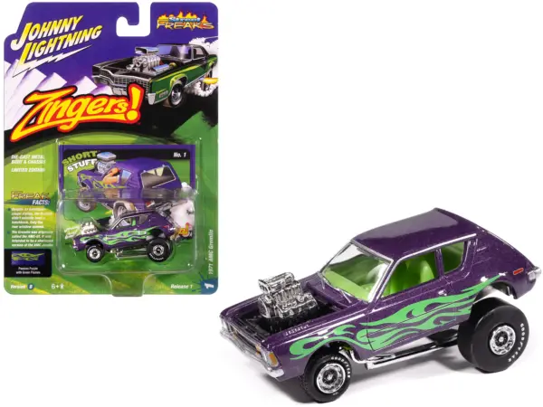 1971 AMC Gremlin Passion Purple Metallic with Green Flames and Interior "Zingers!" Series 1/64 Diecast Model Car by Johnny Lightning #1