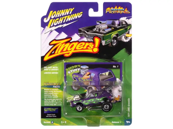 1971 AMC Gremlin Passion Purple Metallic with Green Flames and Interior "Zingers!" Series 1/64 Diecast Model Car by Johnny Lightning #3