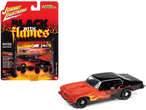 1974 Pontiac GTO Black and Red with Flame Graphics "Black with Flames" Series 1/64 Diecast Model Car by Johnny Lightning #1