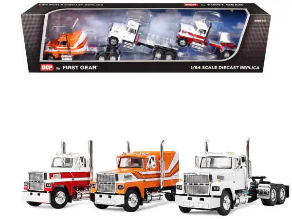 Ford LTL 9000 Trio Set (Two Day Cabs and One 60" Flat Top Sleeper) 1/64 Diecast Model by DCP/First Gear #1