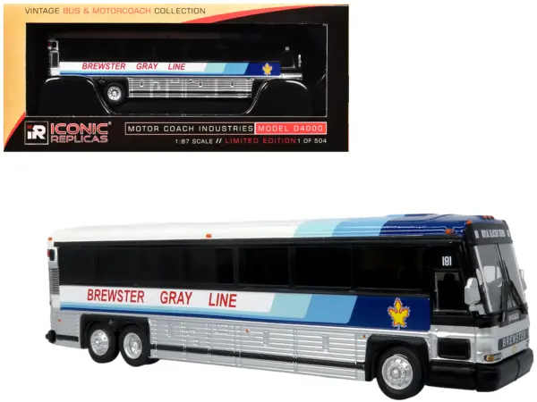 2001 MCI D4000 Coach Bus "Brewster Gray Line" White with Blue Stripes "Vintage Bus & Motorcoach Collection" Limited Edition to 504 pieces Worldwide 1/87 (HO) Diecast Model by Iconic Replicas #1