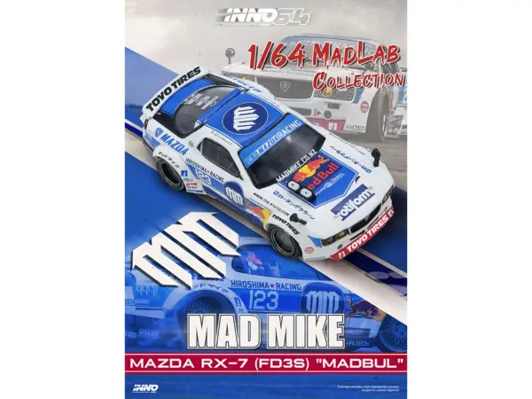 Mazda RX-7 (FD3S) RHD (Right Hand Drive) #123 "Pandem Rocket Bunny MADBUL Gen 7.3" White and Blue with Graphics "MadLab Collection 01" 1/64 Diecast Model Car by Inno Models #3