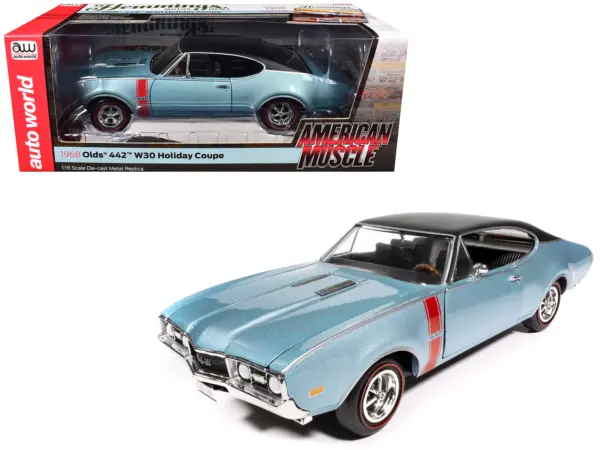 1968 Oldsmobile 442 W30 Holiday Coupe Teal Frost Metallic with Red Stripes and Black Vinyl Top "Hemmings Motor News July 2023 Cover Car" "American Muscle" Series 1/18 Diecast Model Car by Auto World #1