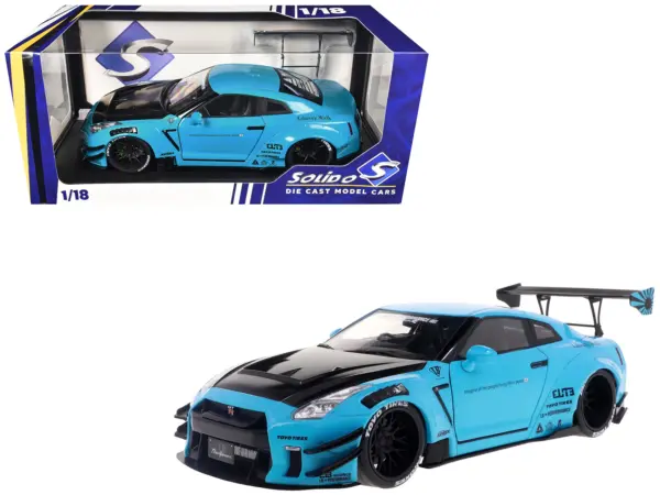 2023 Nissan GT-R (R35) Liberty Walk Body Kit 2.0 RHD (Right Hand Drive) Baby Blue with Carbon Hood 1/18 Diecast Model Car by Solido #1
