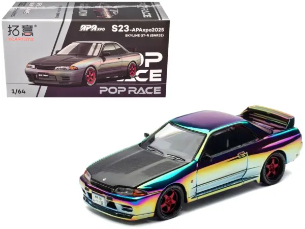 Skyline GT-R (BNR32) RHD (Right Hand Drive) Chameleon Chrome with Carbon Hood "APA XPO 2025 Exclusive 1/64 Diecast Model Car by Pop Race #1