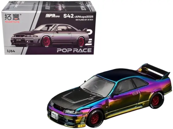 Skyline GT-R (R33) RHD (Right Hand Drive) Chameleon Chrome with Carbon Hood "APA XPO 2025 Exclusive" 1/64 Diecast Model Car by Pop Race #1