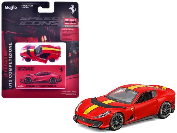 Ferrari 812 Competizione Red with Yellow Stripe "Speed Icons" Series 1/64 Diecast Model Car by Maisto #1