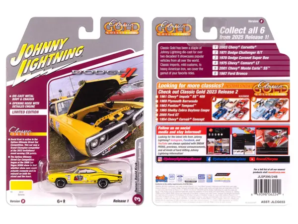 1970 Dodge Coronet Super Bee #1 "David Kruk" Banana Yellow with Black Stripes and Top "Classic Gold Collection" 1/64 Diecast Model Car by Johnny Lightning #3