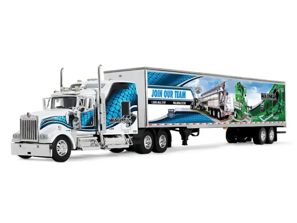 Kenworth W900L with 86" Studio Sleeper and 53' Utility Trailer with Skirts "Walinga" White with Blue Graphics 1/64 Diecast Model by DCP/First Gear #2