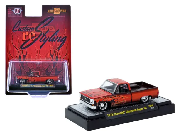 1973 Chevrolet Cheyenne Super 10 Pickup Truck "Custom Re-Styling" Red with Flame Graphics Limited Edition to 14498 pieces Worldwide 1/64 Diecast Model Car by M2 Machines #1