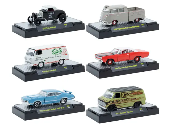 "Auto Meets" Set of 6 Cars IN DISPLAY CASES Release 91 Limited Edition 1/64 Diecast Model Cars by M2 Machines #1