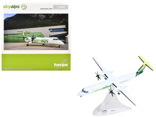Bombardier Q400 Commercial Aircraft "Sky Alps" (9H-PAUL) White with Green Tail Graphics 1/200 Diecast Model by Herpa #1