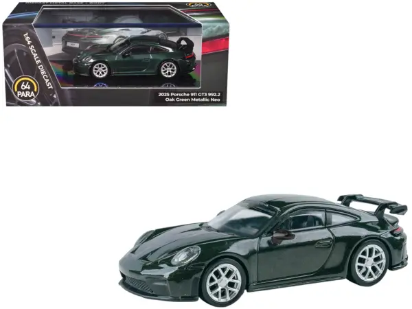 2025 Porsche 911 GT3 (992.2) Oak Green Metallic Neo with Carbon Stripe 1/64 Diecast Model Car by Paragon #1