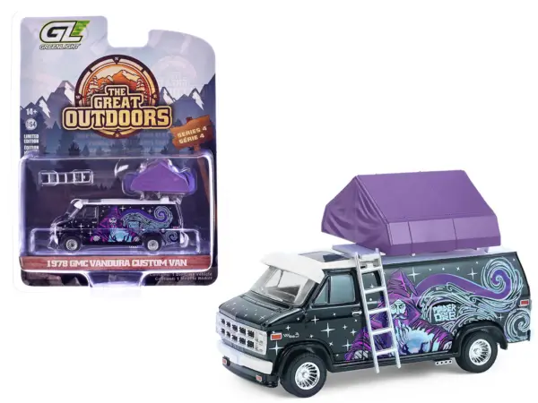 1978 GMC Vandura Custom Van Black with Wizard Graphics and White Top with Camp'otel Cartop Sleeper Tent "The Great Outdoors" Series 4 1/64 Diecast Model Car by Greenlight #1