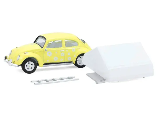Volkswagen Classic Beetle Yellow with White Flower Graphics and Interior with Camp'otel Cartop Sleeper Tent "The Great Outdoors" Series 4 1/64 Diecast Model Car by Greenlight #2