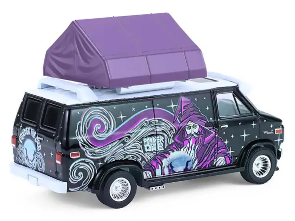 1978 GMC Vandura Custom Van Black with Wizard Graphics and White Top with Camp'otel Cartop Sleeper Tent "The Great Outdoors" Series 4 1/64 Diecast Model Car by Greenlight #4