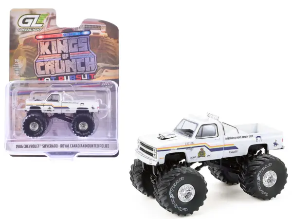 1986 Chevrolet Silverado Monster Truck "Royal Canadian Mounted Police" White with Stripes "Kings of Crunch - Hot Pursuit" Special Edition 1/64 Diecast Model Car by Greenlight #1