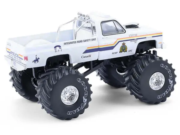 1986 Chevrolet Silverado Monster Truck "Royal Canadian Mounted Police" White with Stripes "Kings of Crunch - Hot Pursuit" Special Edition 1/64 Diecast Model Car by Greenlight #3