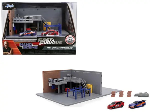 "Fast & Furious" Han's Garage Diorama with 2 Cars and Accessories "Nano Scene" Series 1/32 Model by Jada #1