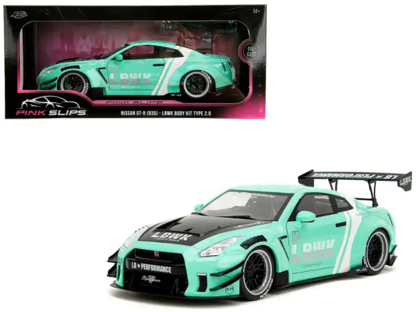 Nissan GT-R (R35) Liberty Walk Body Kit 2.0 RHD (Right Hand Drive) Light Blue with Black Hood and White Stripes "Pink Slips" Series 1/18 Diecast Model Car by Jada #1