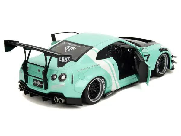 Nissan GT-R (R35) Liberty Walk Body Kit 2.0 RHD (Right Hand Drive) Light Blue with Black Hood and White Stripes "Pink Slips" Series 1/18 Diecast Model Car by Jada #4