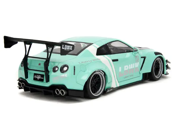 Nissan GT-R (R35) Liberty Walk Body Kit 2.0 RHD (Right Hand Drive) Light Blue with Black Hood and White Stripes "Pink Slips" Series 1/18 Diecast Model Car by Jada #5