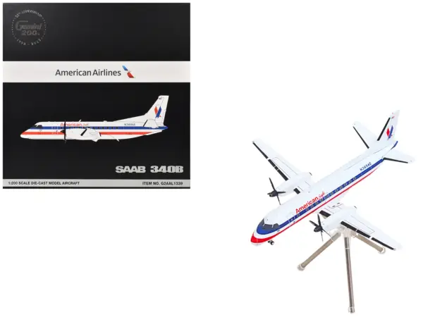 Saab 340B Commercial Aircraft "American Eagle" (N389AE) White with Red and Blue Stripes "Gemini 200" Series 1/200 Diecast Model Airplane by GeminiJets #1