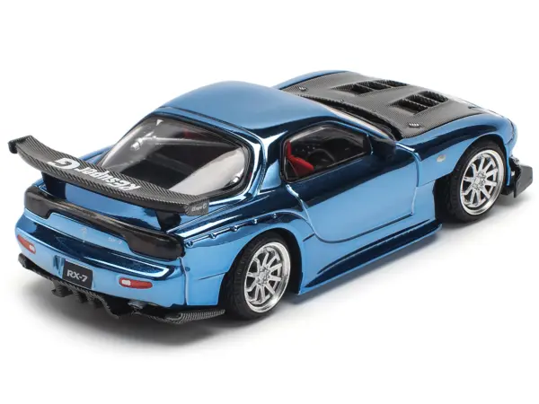 Mazda RX-7 RE-Amemiya Widebody RHD (Right Hand Drive) Blue Chrome with Carbon Hood 1/64 Diecast Model Car by Pop Race #4