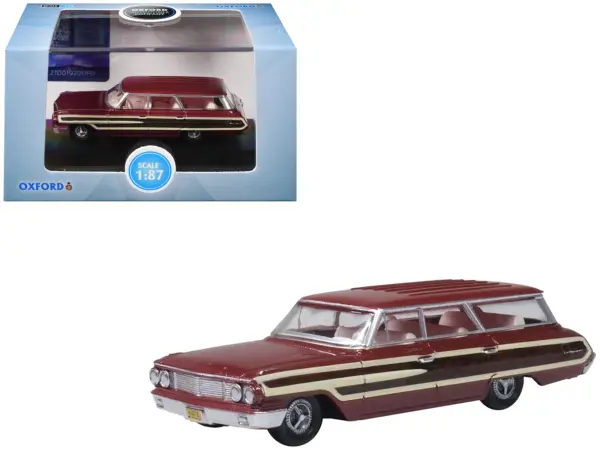 1964 Ford Country Station Wagon Squire Vintage Burgundy with Woodgrain Sides and White Interior 1/87 (HO) Scale Diecast Model Car by Oxford Diecast #1