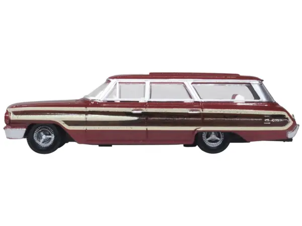 1964 Ford Country Station Wagon Squire Vintage Burgundy with Woodgrain Sides and White Interior 1/87 (HO) Scale Diecast Model Car by Oxford Diecast #2