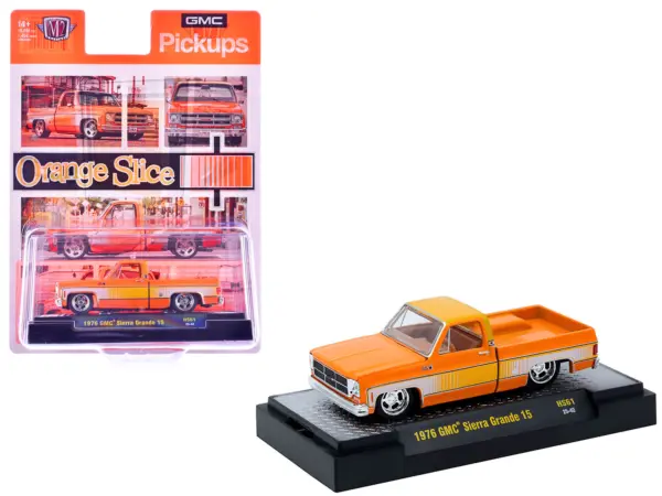 1976 GMC Sierra Grande 15 Pickup Truck Orange and white with Orange Interior Limited Edition to 15994 pieces Worldwide 1/64 Diecast Model Car by M2 Machines #1