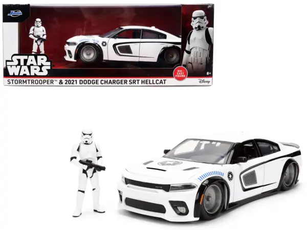 2021 Dodge Charger SRT Hellcat White with Graphics and Stormtrooper Figure "Star Wars" Franchise "Hollywood Rides" Series 1/24 Diecast Model Car by Jada #1