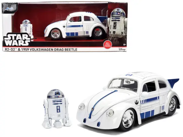 1959 Volkswagen Drag Beetle White with Graphics and R2-D2 Figure "Star Wars" Franchise "Hollywood Rides" Series 1/24 Diecast Model Car by Jada #1