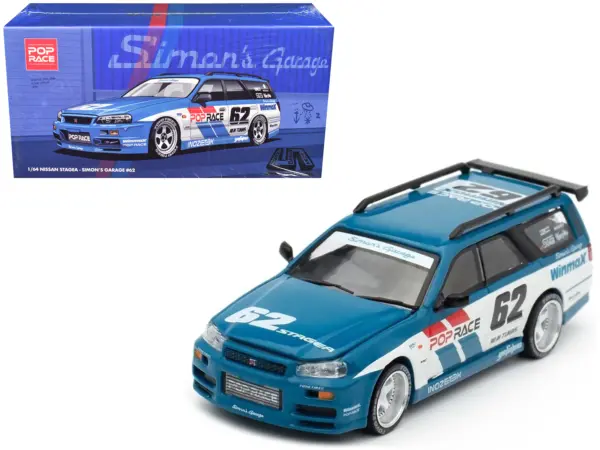 Nissan Stagea RHD (Right Hand Drive) #62 "Simon's Garage" Blue with White Sides 1/64 Diecast Model Car by Pop Race #1