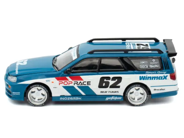 Nissan Stagea RHD (Right Hand Drive) #62 "Simon's Garage" Blue with White Sides 1/64 Diecast Model Car by Pop Race #3