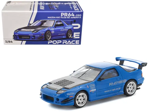 Mazda RX7 (FC3S) RE Amemiya RHD (Right Hand Drive) Blue Metallic with Carbon Hood 1/64 Diecast Model Car by Pop Race #1