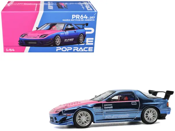 Mazda RX7 (FC3S) RE Amemiya RHD (Right Hand Drive) Blue Metallic with Pink Hood "Los Angeles Edition" 1/64 Diecast Model Car by Pop Race #1